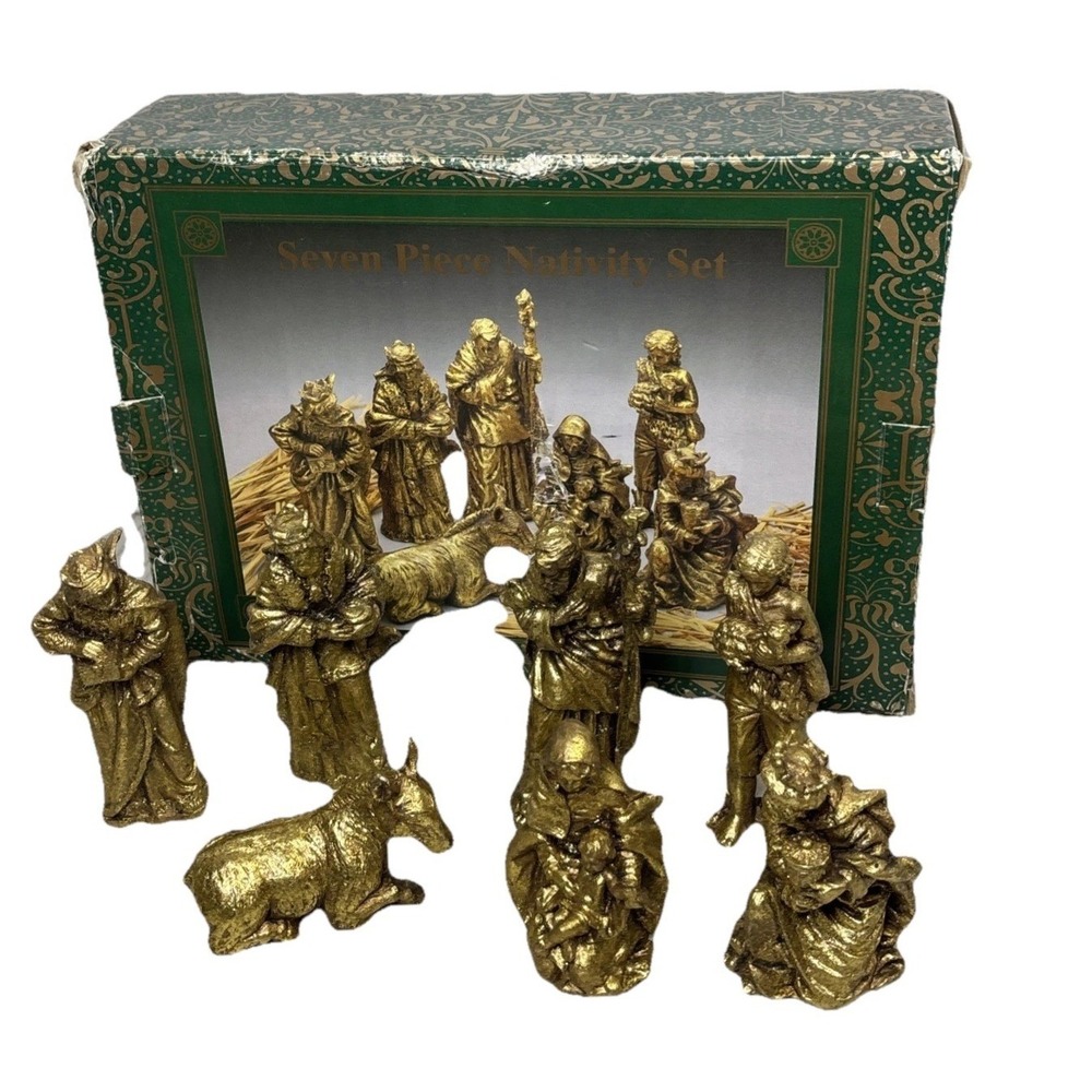 Seven Piece Nativity Set Metallic Gold Christmas Figurines Holy Family Wise Men‎